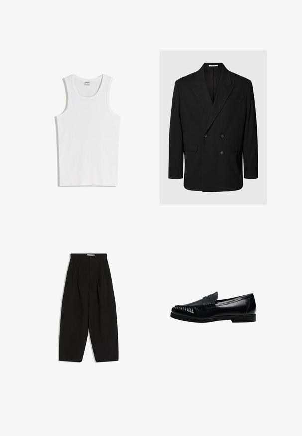 Blazer noir croisé avec revers crantés, quatre boutons à l'avant, deux poches à rabat et une poche poitrine passepoilée sur fond uni.; Débardeur blanc en coton avec un col rond et de larges bretelles. Texture lisse, sans motifs ni accents, design simple.; Pantalon noir à jambes larges en tissu doux, avec un devant plissé, une fermeture à boutons et des poches latérales pour plus de fonctionnalité.; Mocassin penny loafer pour homme en cuir noir avec bout moc cousu et petit talon, présenté de profil sur fond blanc.