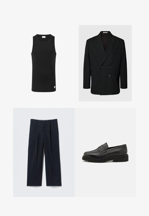 Blazer negro cruzado con solapas con muesca, cuatro botones en la parte delantera, dos bolsillos con solapa y un bolsillo de ojal en el pecho sobre fondo liso.; Top sin mangas negro hecho de tejido acanalado, con un escote redondo y una pequeña etiqueta de logo en el dobladillo. Diseño simple y ajustado.; Pantalones azul marino oscuros hechos de tela suave, con un ajuste entallado, dos bolsillos delanteros y cierre de botón.; Mocasín de cuero negro con punta redonda, detalles de costura y suela gruesa y texturizada. Presenta un diseño elegante y minimalista.