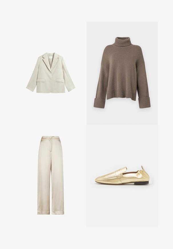 Lysebeige dameblazer med hakkede revers, to knapper, to klaplommer og en brystlomme, vist fladt på en hvid baggrund.; Taupe løst fit ribbestrikket sweater med brede manchetter og en tykk rullet høj krave.; Bukser med høj talje og vide ben i beige med en enkelt knap og skjult lynlåslukning foran.; Mansur Gavriel SQUARE TOE LOAFER - Loafers - gold
