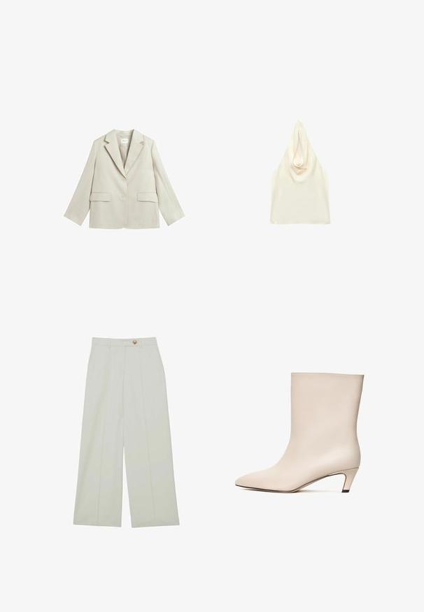 Lichtbeige damesblazer met ingesneden revers, twee knopen, twee klepzakken en één borstzak, plat gelegd op een witte achtergrond.; Crèmekleurige satijnen haltertop met een gedrapeerde halslijn en mouwloos ontwerp.; Lichte crèmekleurige wijde broek met knoopsluiting, voorplooien en zijzakken, gemaakt van een gladde stof.; Beige leren enkelboot met een pointed toe en een conische hak. Gladde textuur met minimale stiknaden en een slanke silhouet.