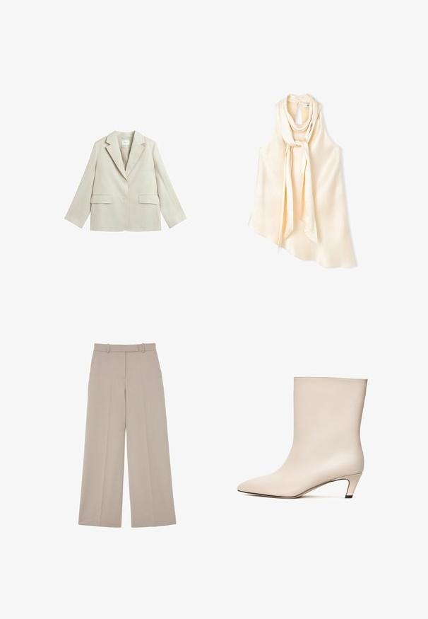 Lichtbeige damesblazer met ingesneden revers, twee knopen, twee klepzakken en één borstzak, plat gelegd op een witte achtergrond.; Mouwloze crèmekleurige satijnen blouse met vastgemaakte lange sjaal losjes gestrikt om de hals en een asymmetrische zoom op witte achtergrond.; Beige broek met wijde pijpen, riemlussen, voorzakken en een plooi in het midden van elke pijp.; Beige leren enkelboot met een pointed toe en een conische hak. Gladde textuur met minimale stiknaden en een slanke silhouet.