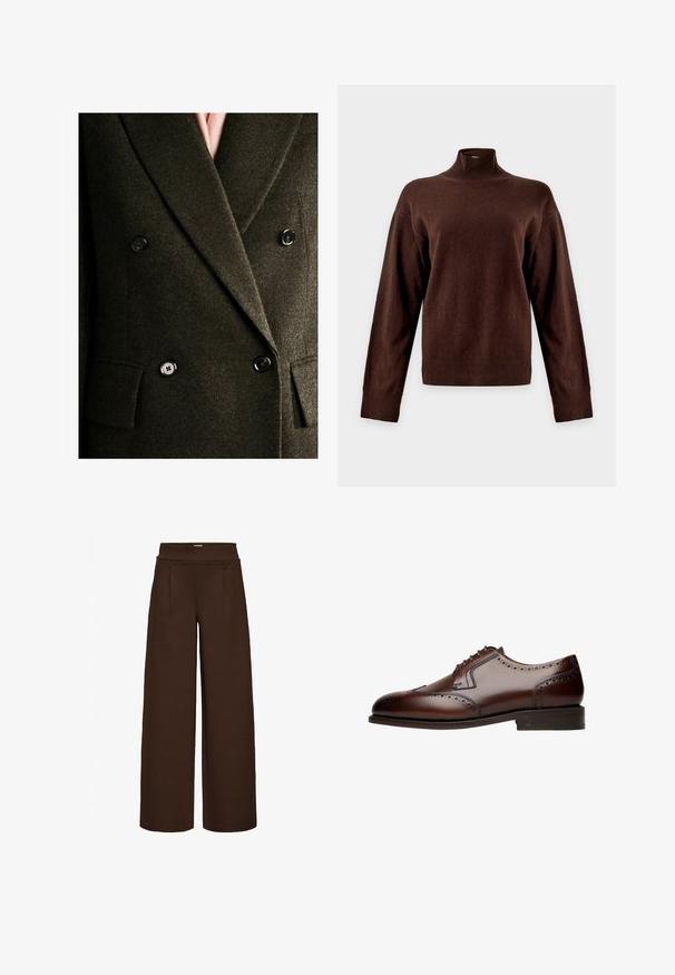 Doppelreihige olivgrüne Blazerjacke mit strukturiertem Wollfinish, schwarzen Knöpfen und Reverskragen, ausgestattet mit zwei Fronttaschen.; Dunkelbrauner Langarmpullover mit hohem, geripptem Rollkragen und gerippten Bündchen, auf schlicht hellem Hintergrund präsentiert.; Braune weit geschnittene Hose aus glattem Stoff mit hohem Bund und zwei Vorderfalten, entworfen für einen lockeren Sitz.; Braune Leder-Dressschuhe mit Brogue-Details, runder Zehenform und fünf Ösen für die Schnürung, die auf einer flachen, strukturierten Laufsohle ruhen.