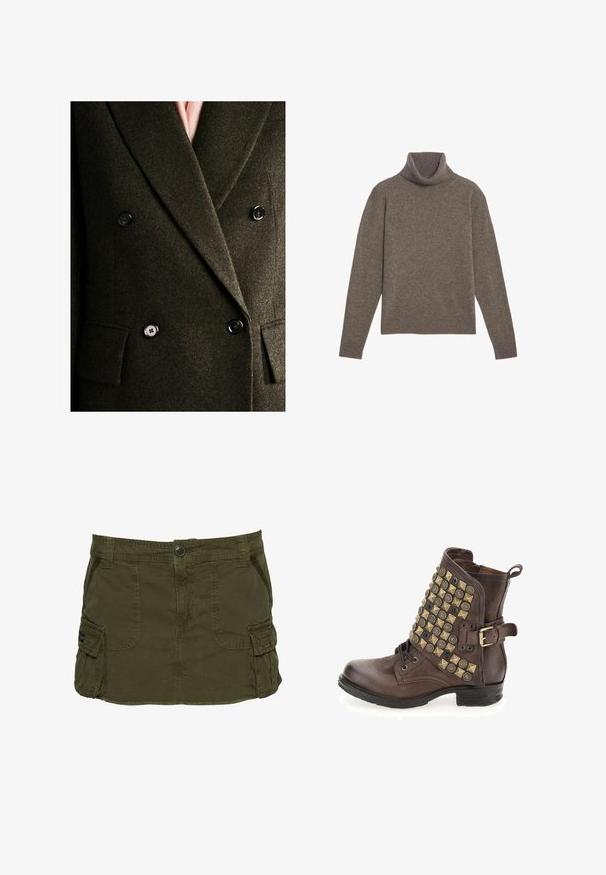 Blazer de doble botonadura en verde oliva con un acabado de lana texturizada, botones negros y solapas con muesca, que cuenta con dos bolsillos frontales.; Jersey de cuello alto marrón hecho de una tela suave, con un cuello y puños acanalados, con un corte relajado y textura uniforme en toda su superficie.; Falda cargo verde oliva hecha de mezcla de algodón, con bolsillos laterales, costuras visibles y cierre con botón en la cintura.; A.S.98 SHILD - Botines camperos - dark brown
