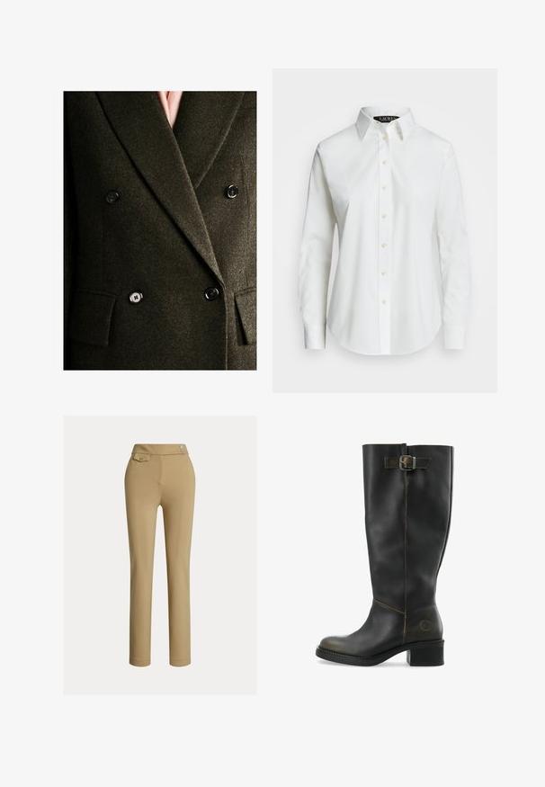 Dubbelzijdige olijfgroene blazer met een textuur van wol, zwarte knopen en gelapte revers, voorzien van twee voorzakken.; Witte lange mouwen button-up blouse van katoen. Bevat een klassieke kraag, zeven knopen en een subtiele logo geborduurd op de borst.; Beige op maat gemaakte broek met een zachte textuur, hoge taille, twee decoratieve knopen en een enkele achterzak. Recht gesneden ontwerp.; Zwarte leren kniehoge laars met een chunky hak, voorzien van een zijgesp accent en contrasterende stiksels langs de naden. Glad textuur.