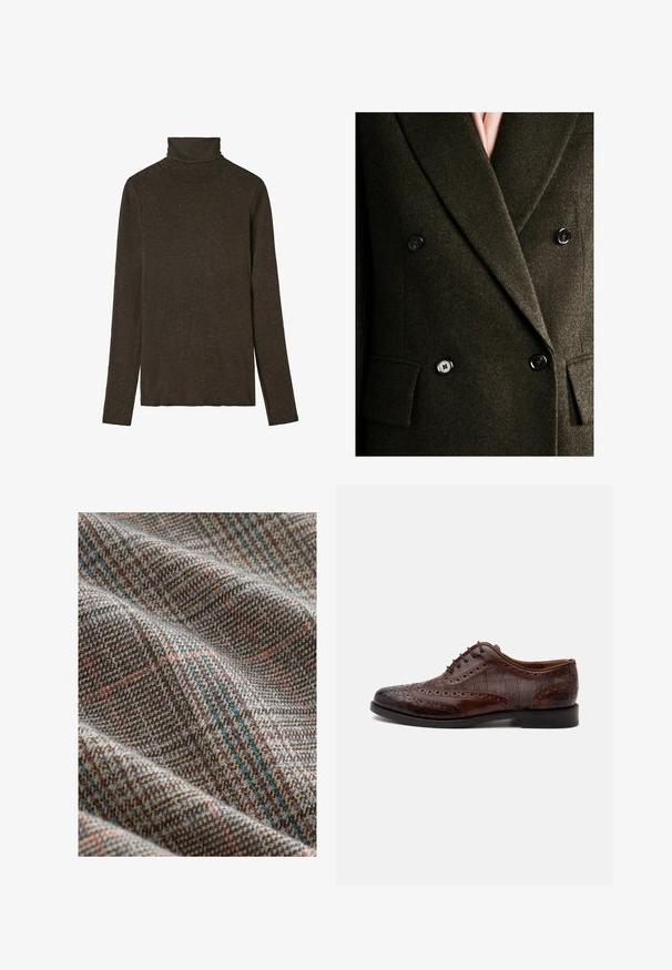 Dobbeltbrystet olivengrøn blazer med en struktureret uldfinish, sorte knapper og slogkrave, med to forreste lommer.; Mørkebrunt turtleneck top lavet af blød, struktureret stof. Har lange ærmer og en tætsiddende pasform, med en glat halsudskæring.; Brunt og beige tweedstof med røde og blå ternede linjer, der viser tekstureret vævning og bløde folder.; Brun læder herre wingtip selskabssko med brogue-detaljer og ternede stofsider, vist fra siden på en hvid baggrund.