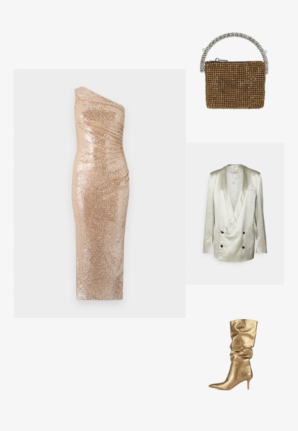 BITE Studios WEDDING FRAME - Blazer - tin; Bodycon kjole med en skulderdesign, lavet af glitrende stof i guld. Har en tætsiddende silhuet og glat tekstur.; LOLA CASADEMUNT Høje støvler/ Støvler - gold; Lille rektangulær clutch med guld rhinstene og et sølvhåndtag lavet af store klare ædelstene, med lynlåslukning øverst.