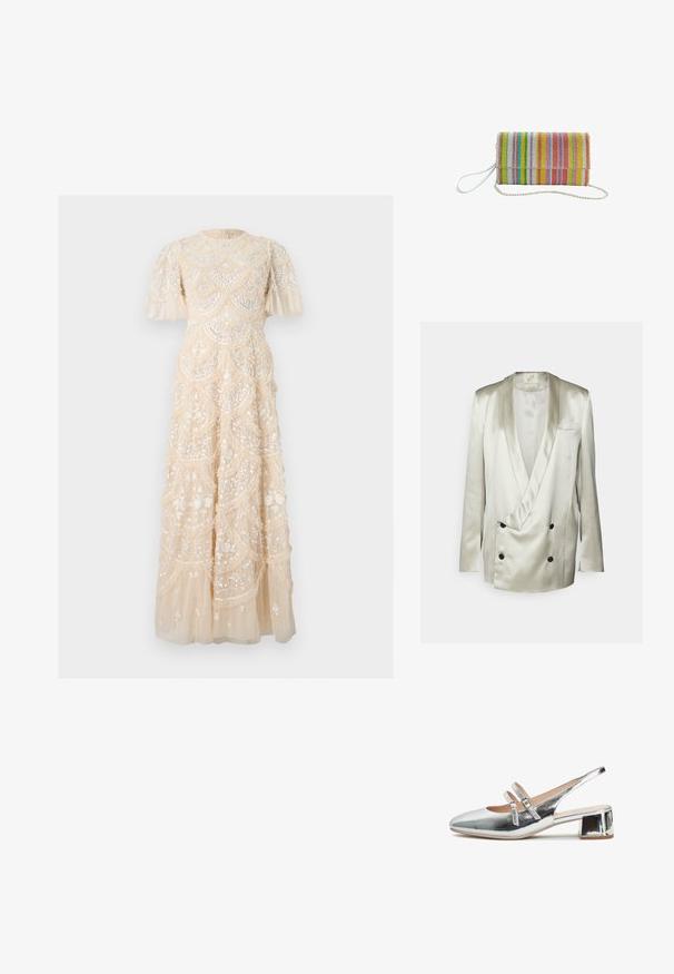 BITE Studios WEDDING FRAME - Blazer - tin; Kremfarvet gulvlange kjole med puffede ærmer, blomster- og pailletbroderi samt lagdelte bløde blonde detaljer.; Metallisk sølv slingback sko med en lav, firkantet hæl. Har to justerbare remme på overlæret og en glat, skinnende overflade.; Clutch-taske med flerfarvede lodrette striber, perleudsmykninger, en hvid håndledsrem og et sølvfarvet kædehåndtag.