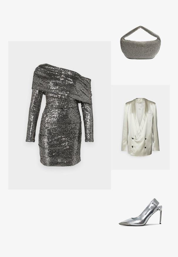 BITE Studios WEDDING FRAME - Blazer - tin; Vestido con lentejuelas que presenta un escote descubierto en los hombros, mangas largas y una silueta ajustada. Confeccionado en tela metálica en tonos plateados.; Zapato de tacón alto plateado tipo slingback con punta afilada y acabado metalizado. Presenta un diseño elegante y acentos minimalistas en el tacón.; Bolso de mano negro con forma curva, cubierto de pequeños cristales plateados, con una asa ancha y lisa que desciende suavemente.
