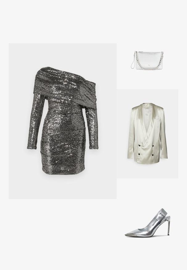 BITE Studios WEDDING FRAME - Blazer - tin; Vestido con lentejuelas que presenta un escote descubierto en los hombros, mangas largas y una silueta ajustada. Confeccionado en tela metálica en tonos plateados.; Zapato de tacón alto plateado tipo slingback con punta afilada y acabado metalizado. Presenta un diseño elegante y acentos minimalistas en el tacón.; Bolso clutch plateado texturizado con correa para la muñeca y asa de cadena gruesa, cierre de cremallera y pequeño logo en relieve en el frente.