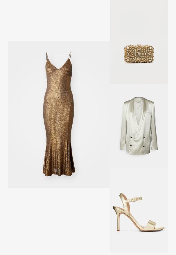BITE Studios WEDDING FRAME - Blazer - tin; Gouden pailletten jurk met een aansluitende silhoutte, spaghettibandjes en een uitlopende zoom. De textuur van het oppervlak weerkaatst licht en versterkt de glans.; Gouden metallic, gestrikte hoge hak sandaal met een gesp sluiting, open teen en een gladde textuur. Kenmerkt zich door een slanke, puntige hak.; Gouden clutch met intrikate kraal- en strasstenen versieringen. Rechthoekige vorm, sluiting met clasp en een afneembare schouderriem.