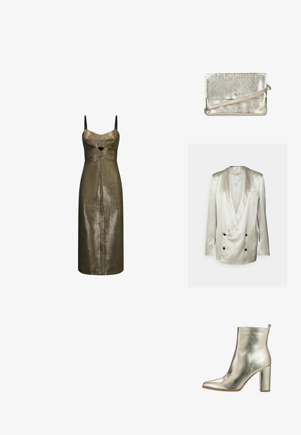 BITE Studios WEDDING FRAME - Blazer - tin; Metallic bronzen midi-jurk met dunne zwarte bandjes en een kleine frontale uitsnede onder de buste in een gestructureerde stof.; Metalen gouden enkellaars met een spitse neus, gladde textuur en een stevige hoge hak. Voorzien van een trekhaak aan de achterkant voor gemakkelijke aan- en uittrekken.; Metalen zilveren leren clutch met een omvouwflap, een afneembare schouderband en een klein geperst sterrenmotief. Gladde textuur en rechthoekige vorm.