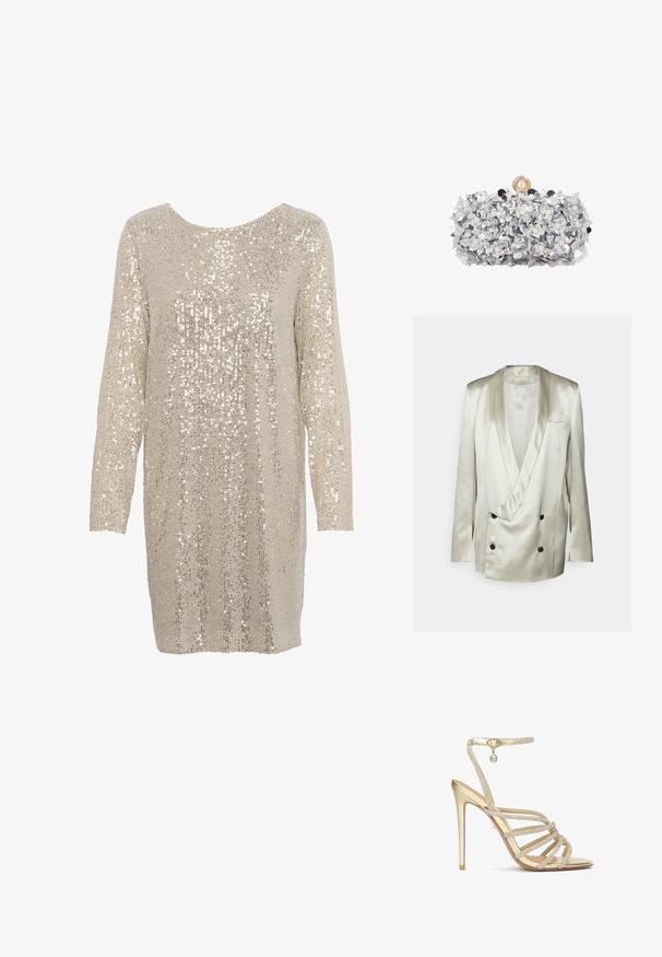 BITE Studios WEDDING FRAME - Blazer - tin; Pailletkjole i lys beige med lange ærmer og rund halsudskæring, der har et struktureret mønster af glitrende, reflekterende paletter overalt.; Guld højhælede sandaler med flere krystalbesatte stropper og en ankelrem, med en glat metallisk finish og en spids tå.; Rektangulær sølvclutch dekoreret med lagdelte metalliske blomster og små perler, med en stor perle-lukning på toppen.