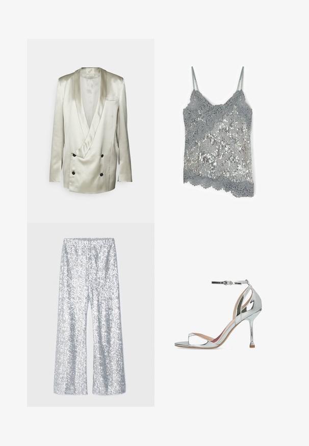 BITE Studios WEDDING FRAME - Blazer - tin; Grå blonde-camisole med sølv palietter, med tynde justerbare stropper og bølget blondekant.; Sølv palietbukser med flared ben og elastisk talje. Har en skinnende overflade og bred ben silhuet.; Sølvmetallic højhælet sandal med ankelrem, åben tå og udskårne detaljer i siden på hvid baggrund.