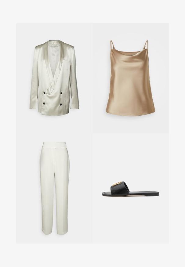 BITE Studios WEDDING FRAME - Blazer - tin; Camisole en satin beige clair avec de fines bretelles et un décolleté doucement drapé, présentant une texture lisse et brillante.; Halston KARTER WEDDING PANT - Pantalon classique - chalk; Sandales slides en cuir noir avec un bout ouvert, une semelle plate et un accent décoratif en or sur le dessus. Texture lisse avec un design minimal.