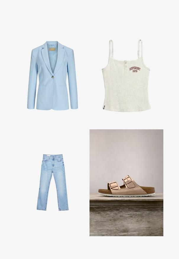 Lyseblå damesblazer med subtile nålestriber, enkelt knaplukning, notchede revers og to forlommer med kant.; Lys grå ribbet tanktop med justerbare stropper, tre trykknapper og "SUPERDRY 1979" logo i mørkerød på forsiden. Tekstureret stof.; Lyseblå denimjeans med lige pasform, fem-lomme-design og synlig syning. Mellem-høj talje med klassisk knap- og lynlåslukning.; Rosenfarvede slidesandaler i metal med to justerbare metalspænder, korkfodbed og hvid gummisål. Glat metalfinish, åben tå-design.