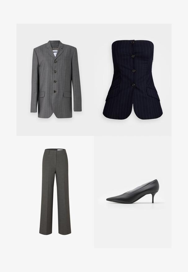 Grå nålestribet blazer med spids revers, fem-knaps lukning, to frontlommer og et mærke synligt indeni. Stoffet ser struktureret ud.; Marineblå stribet strapless top med fem knapper foran og to sidelommer. Skræddersyet pasform med en glat stofstruktur.; Mørkegrå skræddersyede bukser med vide ben, frontbirl og taljebånd med bæltestropper på hvid baggrund.; Sorte spidse højhælede sko lavet af glat læder. Har en slank hæl og et minimalistisk design uden synlige udsmykninger.