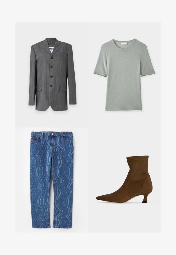 Harmaa pinstripe-takki, jossa on viistetty kaulus, viiden napin sulku, kaksi etutaskua ja näkyvä etiketti sisällä. Kangas näyttää teksturoidulta.; T-paita lyhyillä hihoilla, pyöreällä kaula-aukolla, vaaleanharmaana, pehmeästä kankaasta, jossa on sileä rakenne ja hienovaraiset saumat hihoissa ja kaula-aukossa.; Siniset farkut, joissa on aaltoileva vaaleansininen kuvio, suora lahje, nappikiinnitys ja ommeltuja yksityiskohtia taskuissa.; Ruskea nilkkuri, jossa on terävä kärki ja matala kissankorko, valmistettu sileästä materiaalista, esitetty yksiväristä taustaa vasten.
