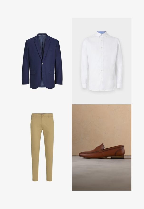 Blazer bleu marine en tissu lisse, avec une fermeture à deux boutons, des revers crantés et deux poches avant ainsi qu'une poche poitrine.; Chemise blanche à manches longues avec un devant à boutons, présentant un motif à carreaux bleu clair à l'intérieur du col et des poignets. Texture de tissu lisse.; Chinos beige slim-fit avec fermeture par bouton et zip, poches avant inclinées et passants de ceinture, présentés sur fond blanc.; Mocassin en cuir marron flottant au-dessus d'un tapis beige avec un canapé marron clair flou en arrière-plan.