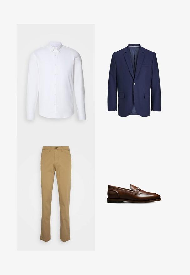 Marineblauwe blazer van soepel materiaal, met een sluiting met twee knopen, notch revers en twee voorkruiken met een enkele borstzak.; Witte langharige overhemd met knopen gemaakt van een gladde stof, met een klassieke kraag, acht knopen aan de voorkant en standaard manchetten.; Khaki chinos met een slim fit, gemaakt van een katoenmix. Voorzien van een knoopsluiting en standaard vijf-pocketontwerp. Soepele textuur.; Bruine leren instapper met een gladde afwerking, ronde neus, enkele band over de bovenkant en een lage gestapelde hak. Kenmerkt zich door decoratieve stitching.