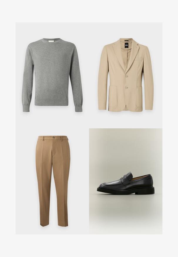 Blazer beige con un tejido texturizado. Presenta solapa de pico, dos botones, un bolsillo en el pecho y dos bolsillos frontales de parche.; Calvin Klein Jersey de punto - medium grey; Pantalones marrones a medida con corte recto, pinzas simples, trabillas para cinturón y cierre frontal con botón. Tela suave con una textura mate.; Mocasín de hombre de cuero negro con tacón bajo y detalle de correa en la parte superior, mostrado de perfil sobre un fondo neutro.