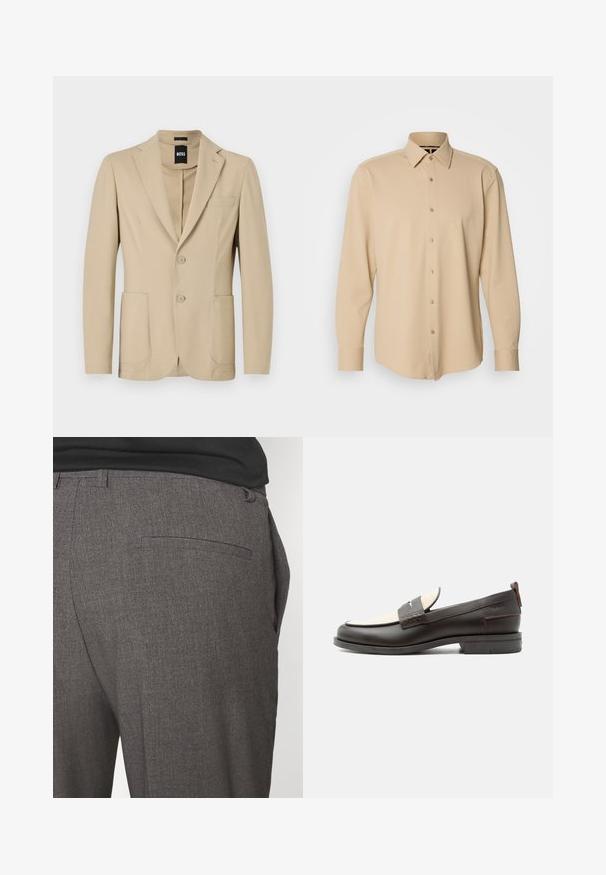 Blazer beige con un tejido texturizado. Presenta solapa de pico, dos botones, un bolsillo en el pecho y dos bolsillos frontales de parche.; Camisa de manga larga beige hecha de una tela texturizada con un patrón a cuadros, con un cierre frontal de botones y puños, ajuste entallado.; Pantalones grises ajustados con una textura suave, que cuentan con un bolsillo trasero y un diseño slim fit. La tela tiene un patrón sutil.; Mocasín para hombre de cuero marrón oscuro con panel de tela crema y detalle clásico de correa cosida, suela plana y asa en el talón.