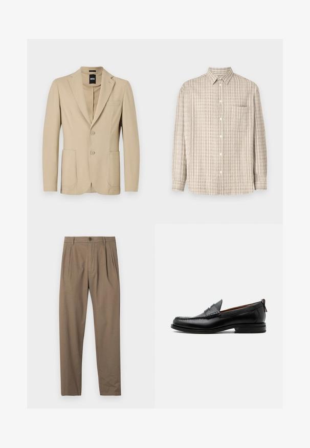 Beige blazer med struktureret stof. Har en notch lapel, to knapper, en brystlomme og to forreste påsydede lommer.; Button-up skjorte i lys beige, med et ternet mønster, lange ærmer, en brystlomme og et almindeligt kravedesign.; Brune plisserede bukser lavet af blødt stof, med lynlås og knaplukning foran, lige ben-design og glat overflade.; Sort læder herre loafer med moc-tå syning, penny strop, struktureret krave og lav stablet hæl på hvid baggrund.