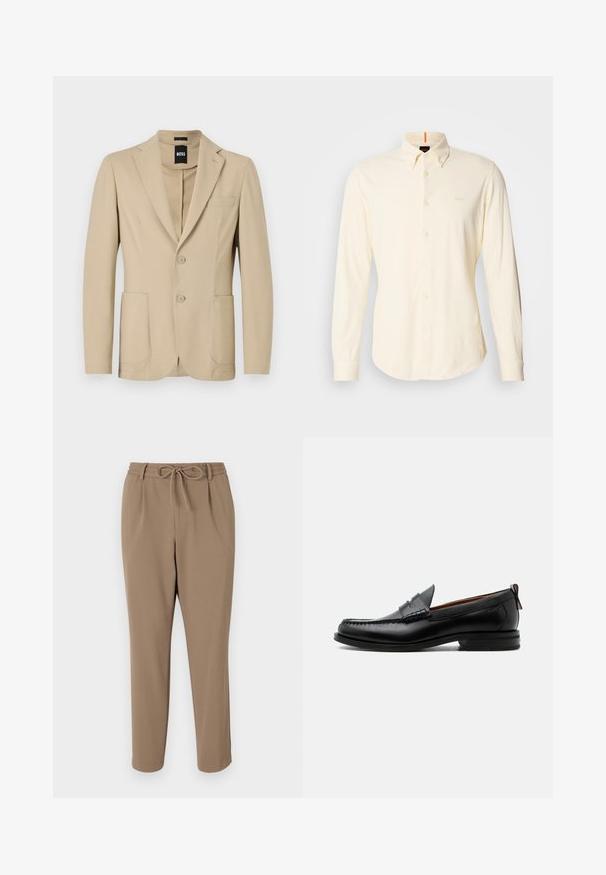 Beige blazer van een geweven stof. Bevat een notch revers, twee knopen, een borstzak en twee voorste opgestikte zakken.; Lange mouwen, knoopsluiting shirt van lichtbeige katoen; heeft een klassieke kraag en een klein logo detail op de bovenste linker borst.; Beige tapsbroek met een trekkoord in de taille, zijzakken en een gladde textuur. Geen zichtbare patronen of extra accenten.; Zwarte leren herensloffen met moc toe stiksel, pennyriem, gestructureerde kraag en lage gestapelde hak op witte achtergrond.