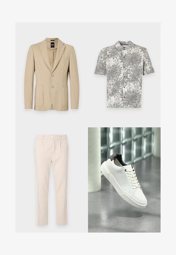 Beige blazer med struktureret stof. Har en notch lapel, to knapper, en brystlomme og to forreste påsydede lommer.; Kortærmet skjorte med knapper foran i sort og hvidt abstrakt mønster. Har krave og frontknapper, lavet af let stof.; Beige mønstrede bukser med et diskret bladmotiv, veltilpassede, med knaplukning og sidelommer. Glat stoffetekstur.; Hvid lav tå-sneaker med sort struktureret hælfane, hvide snørebånd og tyk sål på en poleret betongulv nær glasblokke.