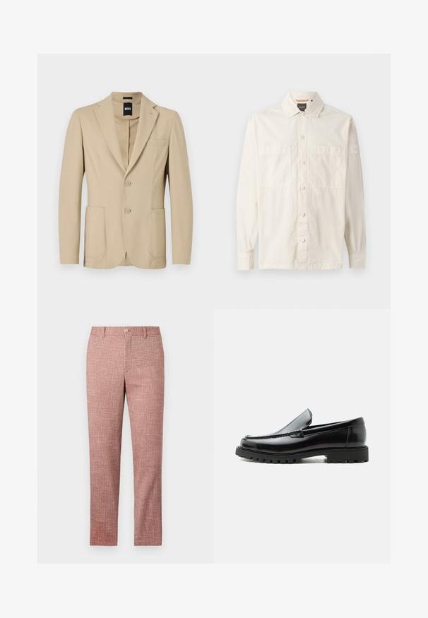 Beige Blazer aus strukturiertem Stoff. Verfügt über einen Reverskragen, zwei Knöpfe, eine Brusttasche und zwei aufgesetzte Taschen vorne.; Beige Langarmshirt aus leichtem Stoff, mit durchgängigem Knopfverschluss, zwei Brusttaschen und einem Markenetikett am Ärmel.; Rote strukturierte Hose mit geradem Bein, Fronttaschen und Knopfverschluss. Der Stoff hat ein gewebtes Muster für zusätzliche Details.; Schwarzer Lederloafer mit grober Gummisohle, genähter Oberseite und geprägtem Markennamen an der Ferse, seitlich auf weißem Hintergrund gezeigt.
