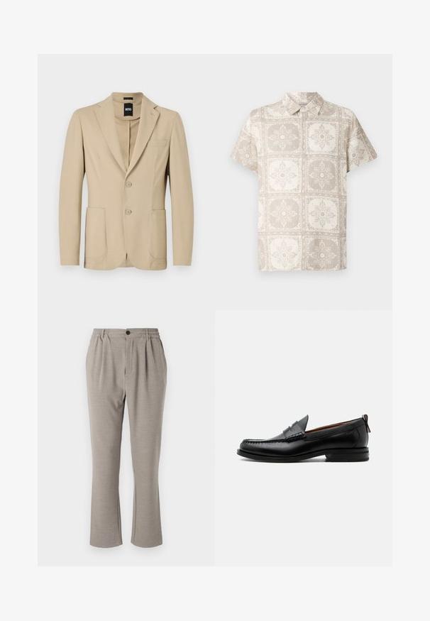 Beige blazer med struktureret stof. Har en notch lapel, to knapper, en brystlomme og to forreste påsydede lommer.; Kortærmet skjorte med knapper i beige med et gentaget blomsterdesign. Fremstillet af et let stof med et naturligt, struktureret udseende.; Lyse grå bukser med en afslappet pasform, lavet af blødt stof, med elastisk talje, plisseringer og en enkelt knaplukning.; Sort læder herre loafer med moc-tå syning, penny strop, struktureret krave og lav stablet hæl på hvid baggrund.