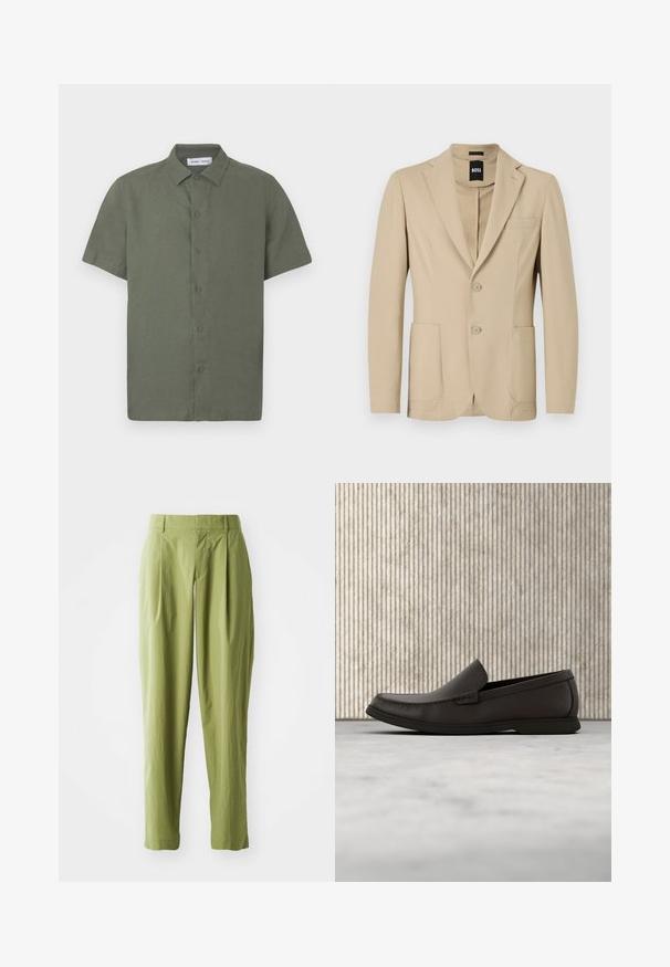 Beige blazer med struktureret stof. Har en notch lapel, to knapper, en brystlomme og to forreste påsydede lommer.; Kortærmet skjorte i olivengrøn lavet af struktureret stof, med knaplukning foran og en klassisk krave.; Lys grønne bukser lavet af et struktureret stof, med en lige form, folder foran og en standard talje.; Mørkebrun læderloafers med en rund tå, diskrete syninger og en lav gummisål. Glat tekstur med en fleksibel pasform.