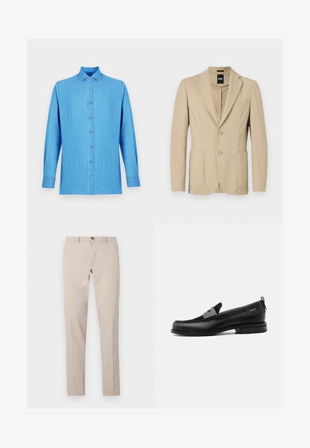 Blazer beige en tissu texturé. Il présente un col cranté, deux boutons, une poche poitrine et deux poches plaquées à l'avant.; Chemise bleu clair en denim. Elle présente un col classique, des manches longues et un petit logo brodé sur la poitrine.; Pantalon beige ajusté avec passants de ceinture, fermeture par bouton et zip à l'avant, présenté à plat sur un fond blanc.; Mocassin en cuir noir avec détail de bride grise, talon bas et semelle texturée, marqué "HUGO" en or sur le côté.