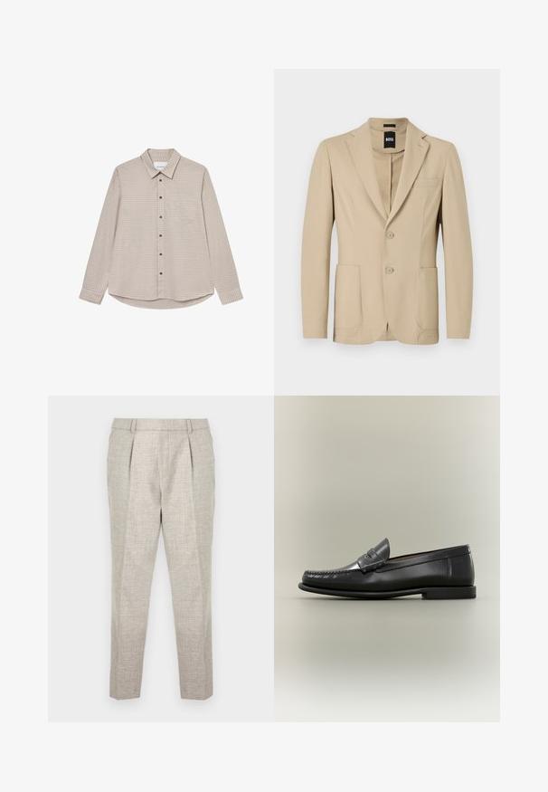 Beige blazer med struktureret stof. Har en notch lapel, to knapper, en brystlomme og to forreste påsydede lommer.; Brun og beige ternet langærmet skjorte med button-down krave, brystlomme og brune knapper, der har en buet kanten.; Lys grå skræddersyede bukser med et tekstureret stof, der har flad front, to frontplisseringer og smalle taperede ben, der slutter lige over anklerne.; Sort læder herresko med moc-toe-design, penny-rem og lav hæl på en neutral baggrund.