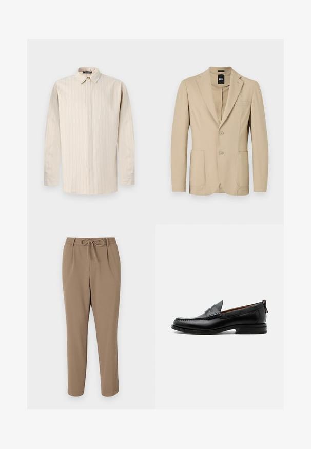 Beige blazer med struktureret stof. Har en notch lapel, to knapper, en brystlomme og to forreste påsydede lommer.; Lyse beige langærmet skjorte med knapkrave, der har lodrette striber, lige snit og enkeltknapsmanchetter.; Beige tapered bukser med snor i taljen, sidelommer og en glat tekstur. Ingen synlige mønstre eller yderligere accenter.; Sort læder herre loafer med moc-tå syning, penny strop, struktureret krave og lav stablet hæl på hvid baggrund.