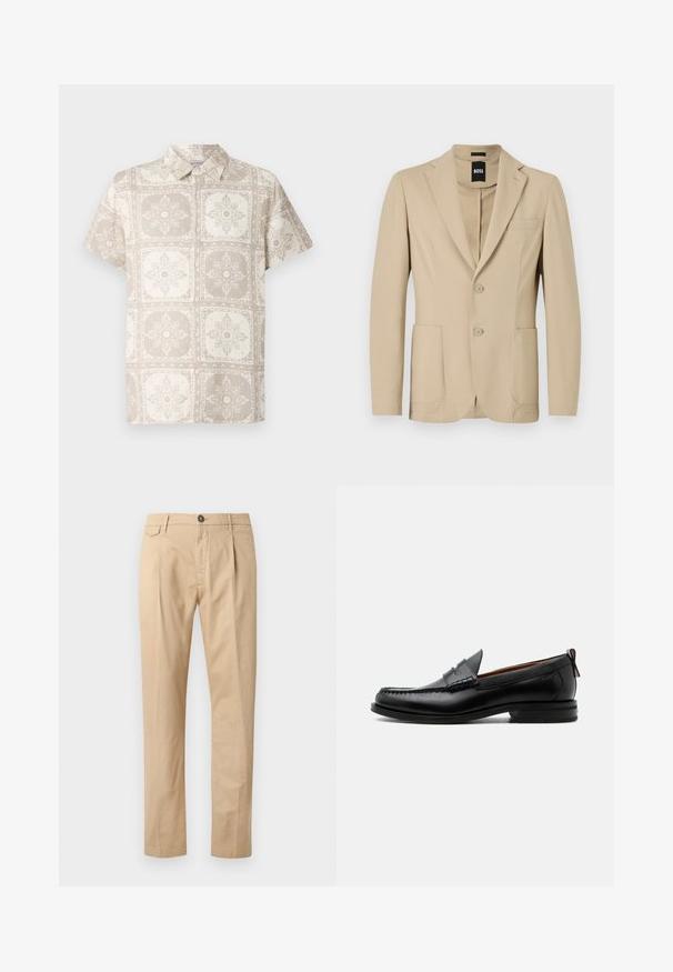 Blazer beige en tissu texturé. Il présente un col cranté, deux boutons, une poche poitrine et deux poches plaquées à l'avant.; Chemise à manches courtes avec un bouton en beige, ornée d'un motif floral répétitif. Fabriquée à partir d'un tissu léger offrant une apparence naturelle et texturée.; Pantalons en coton beige à jambe droite pour homme, avec poches avant, passants de ceinture, fermeture à bouton et zip, sur fond blanc.; Mocassin homme en cuir noir avec couture moc toe, bride penny, col texturé et petit talon empilé sur fond blanc.