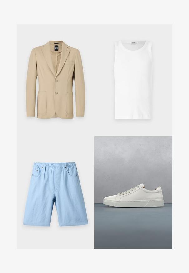 Blazer beige con un tejido texturizado. Presenta solapa de pico, dos botones, un bolsillo en el pecho y dos bolsillos frontales de parche.; Camiseta sin mangas de algodón blanco con cuello redondo y una textura suave. Diseño sencillo, sin patrones ni acentos.; Pantalones cortos azul claro con una cintura elástica, dos bolsillos frontales y una textura suave. Hechos de una tela blanda, adecuados para uso casual.; Zapatilla blanca de cuero con punta redondeada, diseño minimalista, cordones grises y suela de goma texturizada gris. Detalles de costura sutiles visibles.
