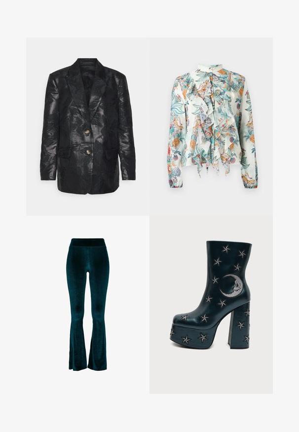Sort jakke med blomsterjacquardmønster, to gyldne knapper, reverskrave og to forlommer, glat overflade med en blank finish.; Langærmet bluse med farverigt botanisk og tigerprint, med lagdelte flæser foran og høj knappet krave på let stof.; Petrolblå vide bukser lavet af blødt fløjlstof, med høj talje og glat tekstur, der indsnævres mod kanten med små åbninger.; Sort platformstøvle med blokhæl, dekoreret med sølvbroderede stjerner og en måne på siden.