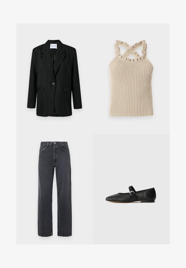 Blazer noir avec un tissu légèrement texturé, présentant une fermeture à un bouton, des revers crantés et deux poches avant. Des rayures verticales sont visibles.; Débardeur beige côtelé avec un col à volants et des bretelles croisées, présentant une silhouette ajustée et un tissu texturé.; Jean en denim noir coupe large avec finition délavée, doté de deux poches avant et d'une fermeture à bouton à la taille. Design classique à cinq poches.; Ballerines en cuir noir avec un embout pointu, une sangle avec une boucle et une semelle basse et plate. Texture lisse avec des éléments de design minimaux.