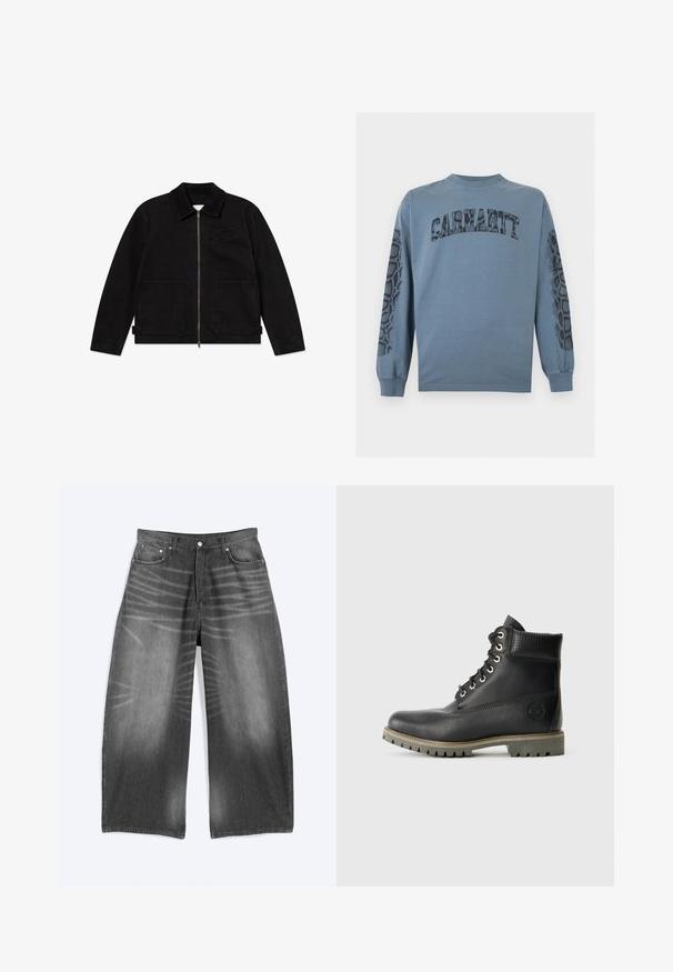 Schwarze Jacke mit Kragen, Frontreißverschluss, zwei großen Fronttaschen und einer kleinen Brusttasche, aus strapazierfähigem Stoff gefertigt.; Blaues Carhartt Langarmshirt mit Schlangenledermuster-Text auf der Vorderseite und passenden Schlangenleder-Designs entlang beider Ärmel.; Weit geschnittene, ausgewaschene schwarze Jeans aus Denim mit Vordertaschen und Knopfverschluss, flach auf einem hellen Hintergrund liegend dargestellt.; Schwarze Leder-Stiefelette mit Schnürdesign, gepolstertem Kragen und strukturiertem Einsatz. Verfügt über eine robuste Sohle und ein geprägtes Logo an der Seite.