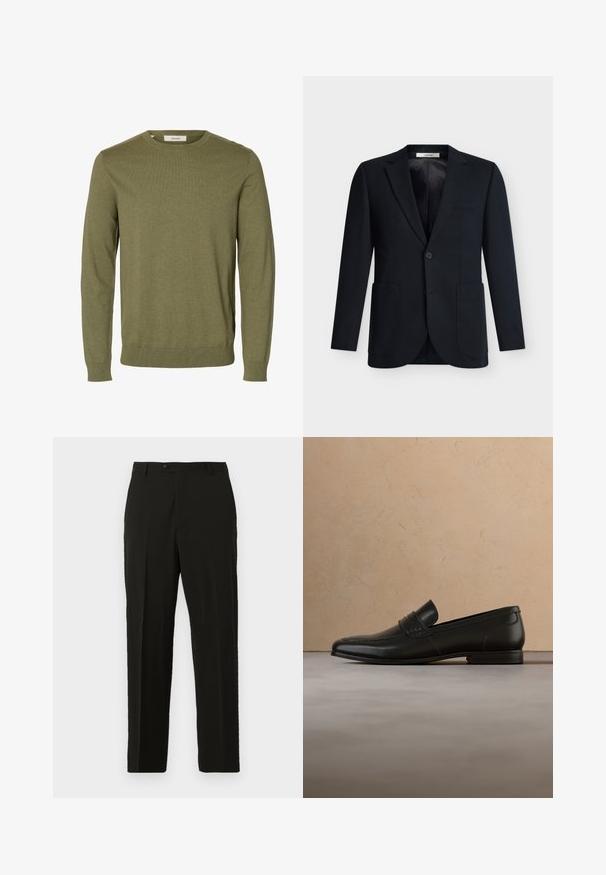 Blazer noir à simple boutonnage avec deux poches plaquées devant, fermeture par un bouton, col cranté et doublure intérieure lisse.; Pull vert olive à manches longues avec col rond, poignets et bas-côtes côtelés, tissu en maille unie, et une étiquette de marque « Selected » à l'intérieur du col.; Pantalons taillés noirs en tissu lisse, avec une coupe droite, une fermeture à bouton et des plis sur le devant pour plus de structure.; Mocassin en cuir noir présenté en lévitation au-dessus d'un tapis beige avec un canapé beige en arrière-plan.