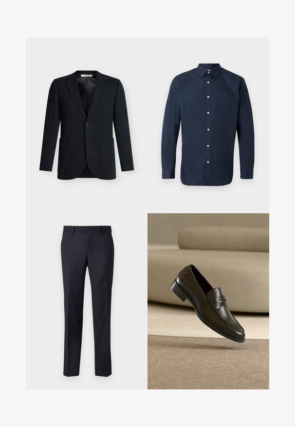 Blazer negro de un solo botón con dos bolsillos delanteros de parche, cierre de un botón, solapa con muesca y forro interior liso.; Camisa de manga larga de color azul marino, fabricada en algodón suave, con cuello extendido, botonera frontal y puños abotonados. Sin patrones visibles.; Pantalones tailored azul marino hechos de una tela texturizada con un sutil patrón de cuadros, que presentan un cierre de botón y un diseño de pierna recta.; Zapato mocasín de cuero negro flotando sobre una alfombra beige con un sofá beige en el fondo, mostrando el diseño clásico para hombres sin cordones.