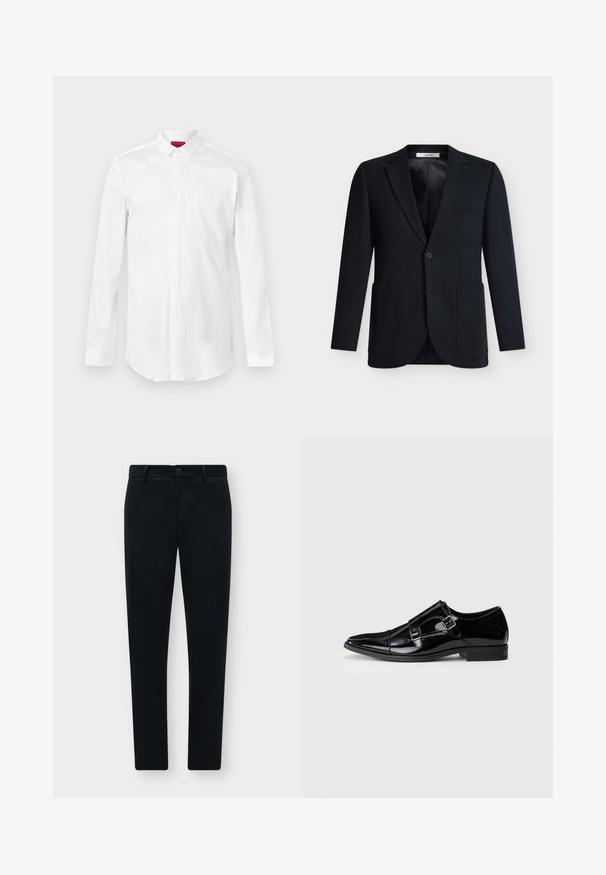 Blazer noir à simple boutonnage avec deux poches plaquées devant, fermeture par un bouton, col cranté et doublure intérieure lisse.; Chemise blanche à manches longues avec col pointu et patte de boutonnage cachée, présentée sur un fond clair uni.; Pantalon slim noir avec passants de ceinture, bouton devant et fermeture éclair, présenté à plat sur un fond gris clair.; Chaussure habillée en cuir noir verni avec un bout pointu, des fermetures à double boucle et un talon bas. Texture lisse et finition polie.