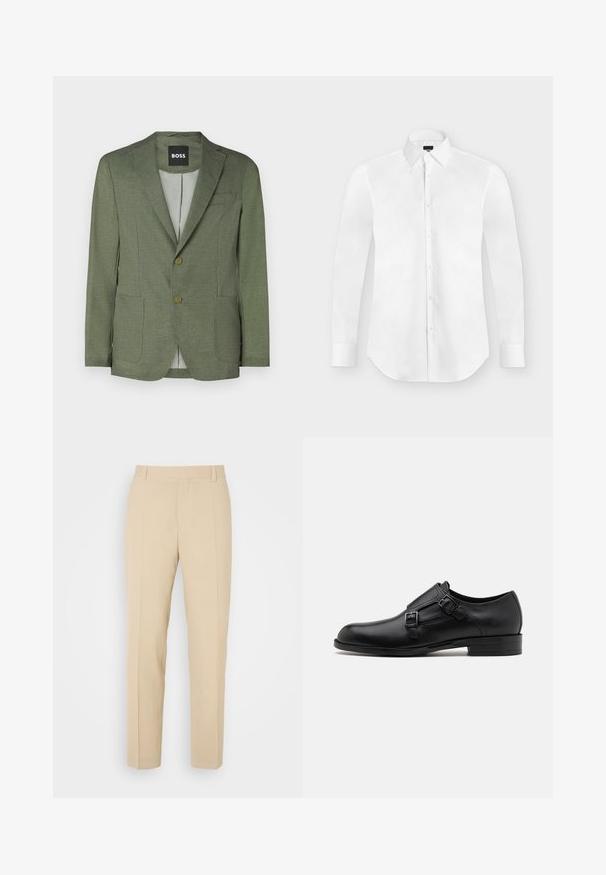 Grüne Blazer mit strukturierter Stoff, Reverskragen, zwei Fronttaschen und einem einfachen Knopfverschluss. Innen zeigt sich ein kariertes Muster.; Weißes, langärmliges Hemd mit Knöpfen und spitzem Kragen, flach auf einem hellgrauen Hintergrund liegend.; Beige maßgeschneiderte Hosen mit geradem Bein, aus leichtem Stoff, mit zwei vorderen Taschen und ordentlich gebügelten Falten.; Schwarze Leder- Schnürschuhe mit doppelten Schnallen, schlanker Silhouette und runder Zehenpartie. Sie verfügen über einen niedrigen Absatz und eine glatte Textur.