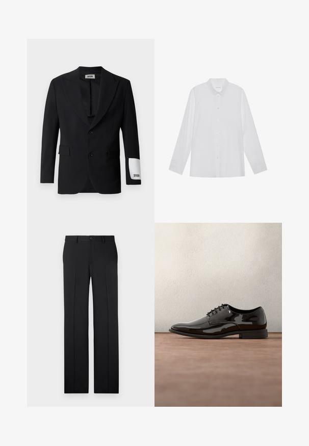Blazer noir en tissu lisse, avec un col cranté, deux boutons et des poches latérales. Étiquette blanche notable sur la manche avec l'inscription "DRYKORN."; Chemise blanche à manches longues en tissu lisse, dotée d'un col pointu, d'une fermeture à boutons sur le devant et de poignets à un bouton.; Pantalons noirs ajustés avec une coupe droite, en tissu lisse, avec des plis avant et une fermeture à bouton unique à la taille.; Chaussure de dress en cuir verni noir avec un bout arrondi, un design à lacets et une surface lisse et brillante. Dispose d'une semelle en caoutchouc discrète.