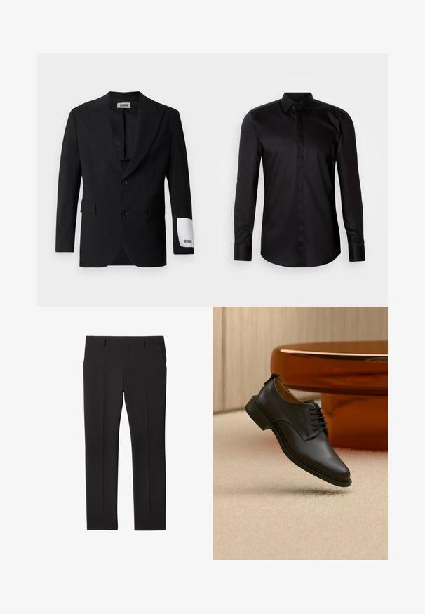 Blazer noir en tissu lisse, avec un col cranté, deux boutons et des poches latérales. Étiquette blanche notable sur la manche avec l'inscription "DRYKORN."; Chemise noire à manches longues avec boutons, fabriquée en tissu lisse. Dotée d'un col classique, d'une patte de boutonnage frontale et de poignets contrastants.; Pantalon noir sur mesure avec passants de ceinture, poches avant, et coupe droite, posé à plat sur un fond blanc.; Chaussure habillée pour homme en cuir noir à lacets flottant au-dessus d'un tapis beige, avec une table basse ronde marron en arrière-plan.