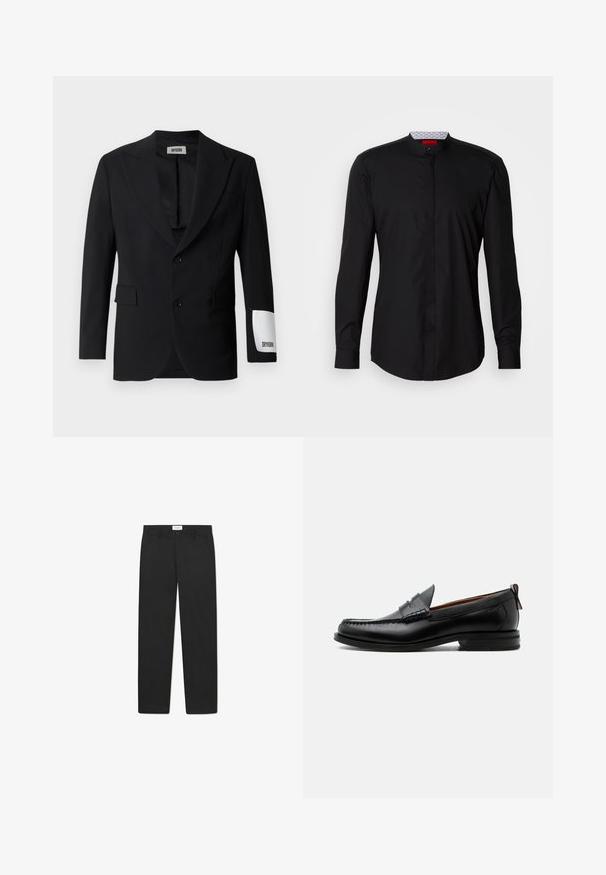 Blazer noir en tissu lisse, avec un col cranté, deux boutons et des poches latérales. Étiquette blanche notable sur la manche avec l'inscription "DRYKORN."; Chemise noire à manches longues avec col mandarin, confectionnée dans un tissu lisse, dotée d'une patte de boutonnage à l'avant et de détails de design subtils.; Pantalons noirs avec une coupe droite, fabriqués dans un tissu à texture lisse, dotés de deux poches avant et d'une taille standard.; Mocassin homme en cuir noir avec couture moc toe, bride penny, col texturé et petit talon empilé sur fond blanc.