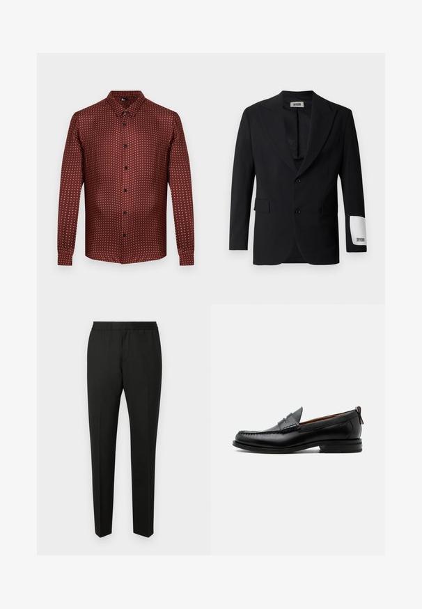 Schwarzer Blazer aus glattem Stoff, ausgestattet mit einem Revers mit Einkerbung, zwei Knöpfen und Seitentaschen. Auffälliges weißes Etikett am Ärmel mit der Aufschrift "DRYKORN."; Bordeaux rotfarbenes Hemd mit Strukturstoff, das ein cremfarbenes Pünktchenmuster aufweist. Lange Ärmel und ein klassisches Kragen-design.; Schwarze Hose mit maßgeschneidertem Design, ausgestattet mit einem elastischen Bund, flachem Frontbereich, Seitentaschen und schmalem Bein. Glatte Stofftextur.; Schwarzer Leder-Herrenschuh mit Mokassinnaht, Penny-Riemen, strukturiertem Kragen und niedrigem gestapeltem Absatz auf weißem Hintergrund.
