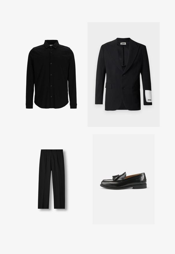 Zwart colbert van gladde stof, voorzien van een aangeknipte reverskraag, twee knopen en zijzakken. Opvallend wit label op de mouw met de tekst "DRYKORN."; Zwarte langmouwen shirt van gladde stof, met een knoopsluiting aan de voorkant, een kraag en een subtiel geborduurd logo op de borst.; Zwarte rechte broek met voorplooien, knoopsluiting in de taille en zijzakken op een effen witte achtergrond.; Zwarte leren instappers met een kwastaccent, een ronde neus en een gladde afwerking. De zool is plat met een minimaal profiel.
