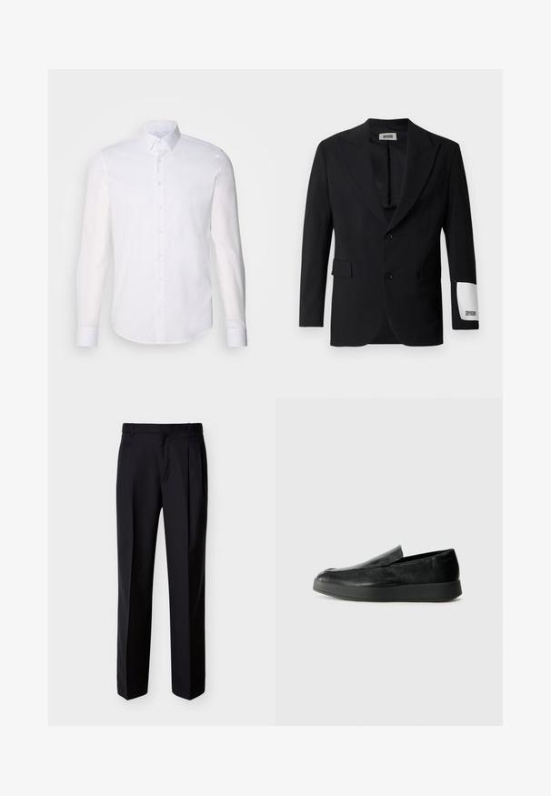 Sort blazer lavet af glat stof, med en notch slagkrave, to knapper og sidelommer. Bemærkelsesværdig hvid mærkat på ærmet med teksten "DRYKORN."; Hvid langærmet button-up skjorte lavet af bomuld, med en klassisk krave, frontknapper og minimal syning detalje.; Sorte skræddersyede bukser med lige snit, foldet forstykke og sidelommer. Fremstillet af et glat, let stof med et ensartet mønster.; Calvin Klein HYBRID CUP - Loafers - triple black