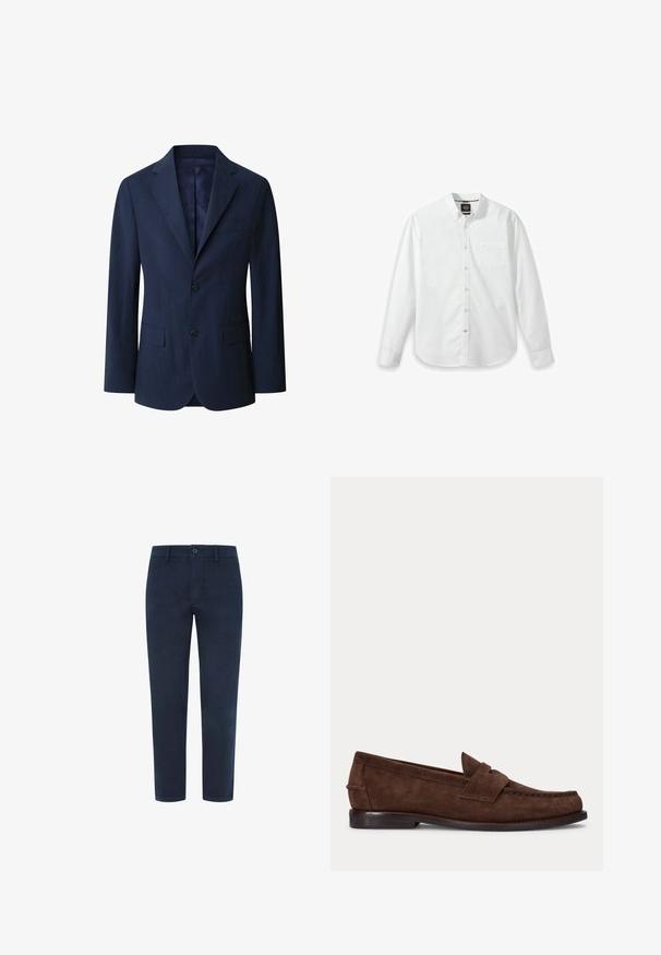 Blazer azul marino hecho de tela texturizada con un corte slim, que presenta dos bolsillos frontales y un cierre de un solo botón. Forro interior en azul marino sólido.; Camisa blanca de manga larga con botones, hecha de algodón, con cuello clásico, un solo bolsillo en el pecho y una textura sutil en la tela. Dobladillo redondeado.; Chinos de algodón azul marino con cierre de botón, patas rectas y una textura suave. Presenta bolsillos laterales y un bolsillo trasero.; Zapato tipo loafer de ante marrón con tacón bajo y costuras visibles en la punta, el lateral y la parte trasera, mostrado sobre un fondo claro y liso.